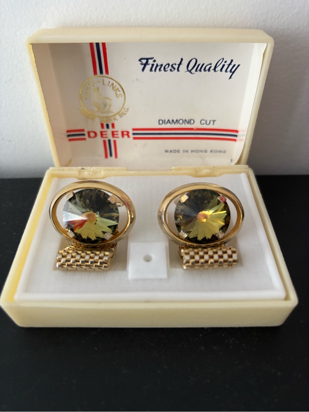 Deer Diamond Cut Gold-Tone Faceted Crystal Cufflinks